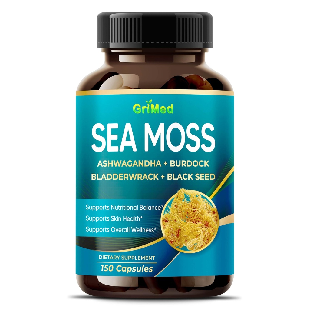 Premium Sea Moss met Ashwagandha, Burdock Bladderwrack, Black Seed for Immune System, Skin, Digestie & Energy- Made in The USA (150 Count (Pack of 1))