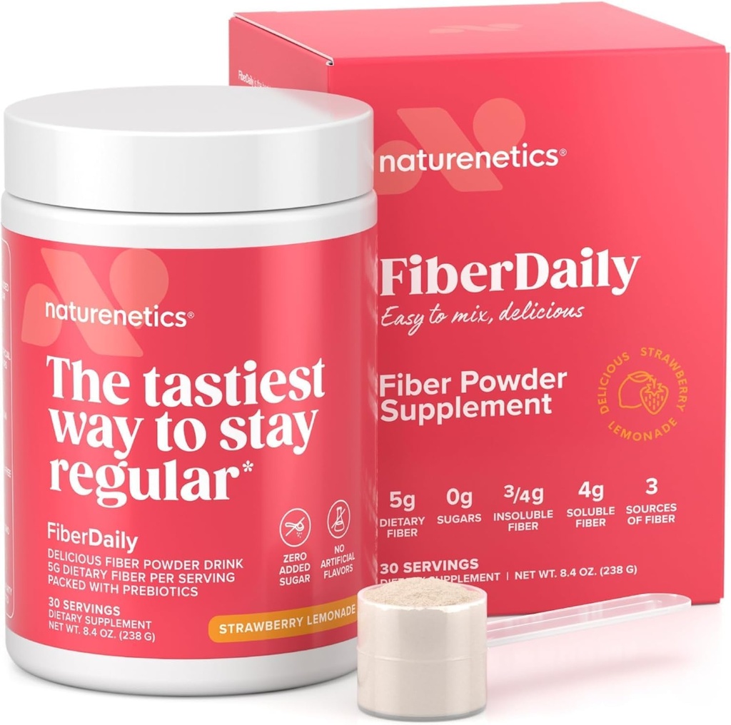 FiberDaily Delicious Fiber Powder - Biologische Psyllium Husk, Agave Inulin & Sunfiber® Guar Gum Aardbei Lemonade Drink, Sugar-Free, Oplosbare vezel, Prebiotic Fiber Supplement, Veganist, 30 porties