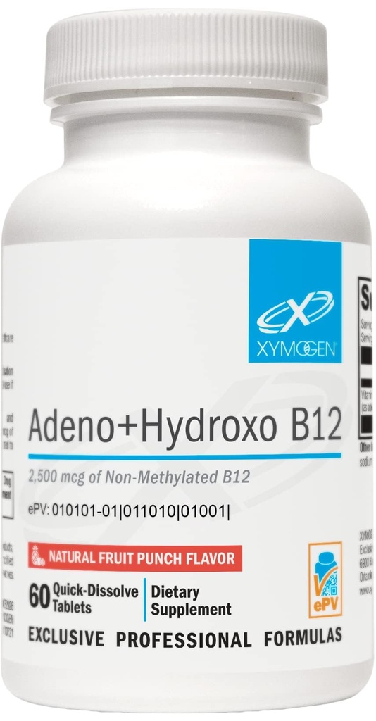 XYMOGEN Adeno+Hydroxo B12 - niet-gemethyleerd (2.500mcg) - Quick-dissolve B12 Lozen met Adenosylcobalamine B12 + Hydroxocobalamine - Cognitive Support, Fruit Punch Flavor (60 tabletten)