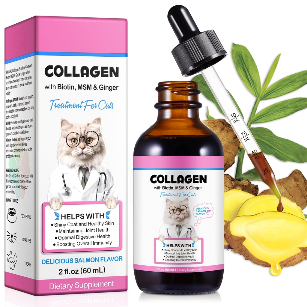 Collageen voor katten, Cat Collageen Liquid Drops voor katten met biotine, MSM & Ginger Digestive & Immunity Support, Itch Relief, Skin & Coat and Joint Health, Cat Supplement 60ml