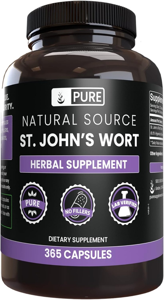 INGRÉDIENTS ORIGINAUX St. John's Wort (365 Capsules) Pas de Magnésium ou de Rice Filters, Toujours Pure, Verified Lab