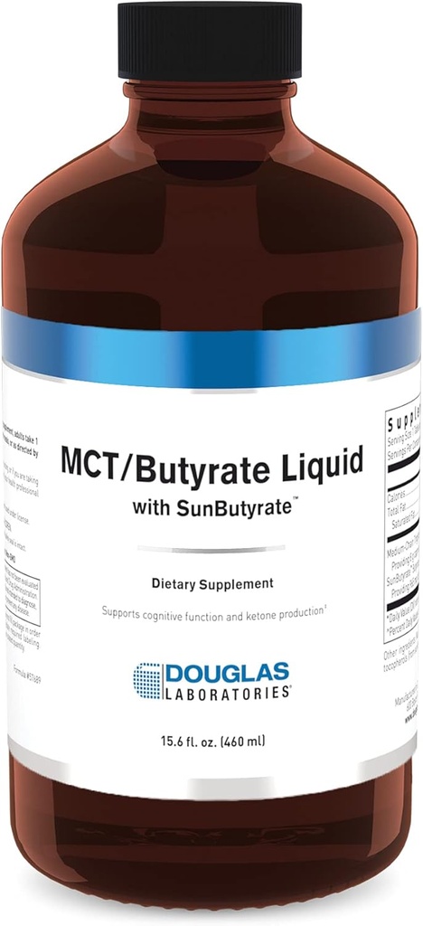 Douglas Laboratories MCT/Butyrate Liquid with SunButyrate biedt sterk geconcentreerd caprylzuur en butyrinezuur in een aangenaam vloeibaar .