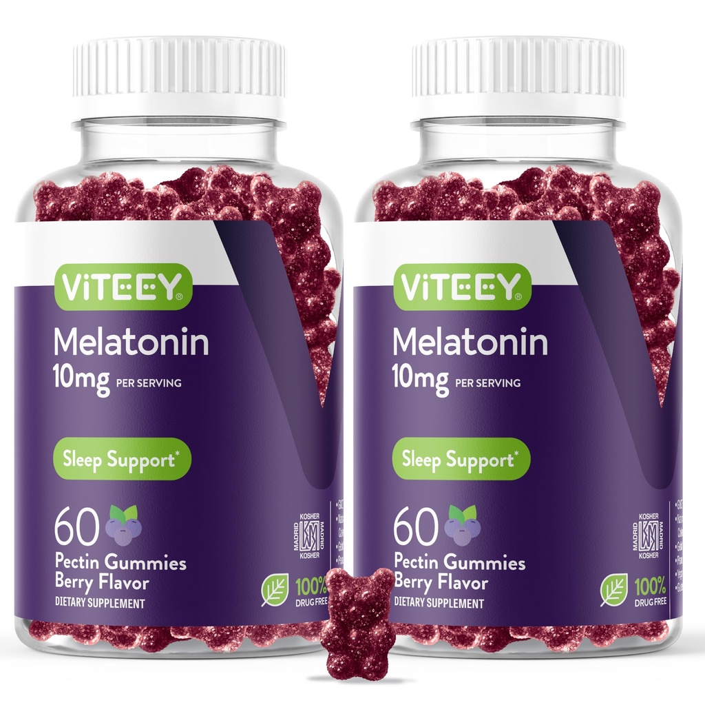 Viteey Melatonine Gummies 10mg - Slaap Gummies voor volwassenen Extra sterkte Melatonine - Veganistisch, GGO vrij, Glutenvrij - 120 Tel.