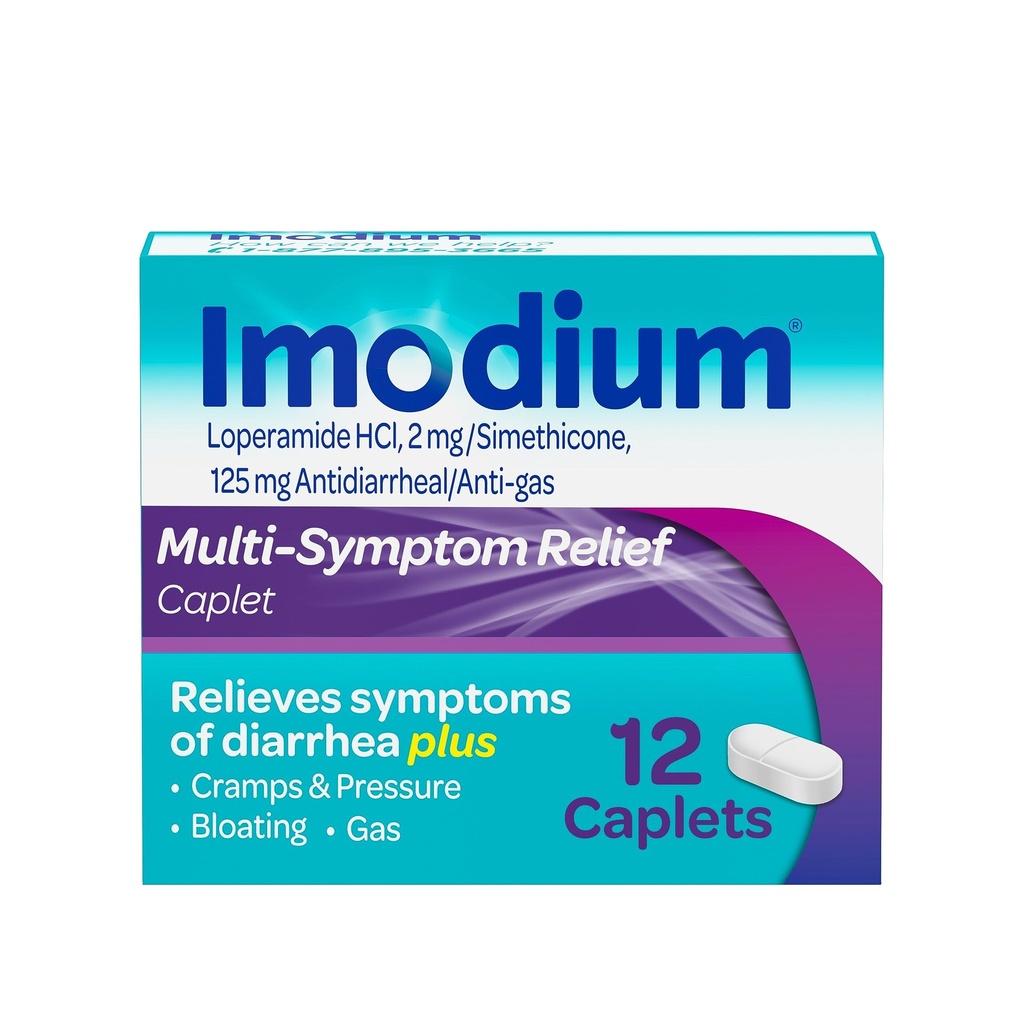 Imodium Multi-Symptoom Relief Caplets, Loperamide Hydrochloroide & Simethicone Anti-Diarree Geneeskunde voor verlichting van diarree, gas, opgeblazen gevoel, krampen en druk, HSA/FSA In aanmerking komende, 12 ct