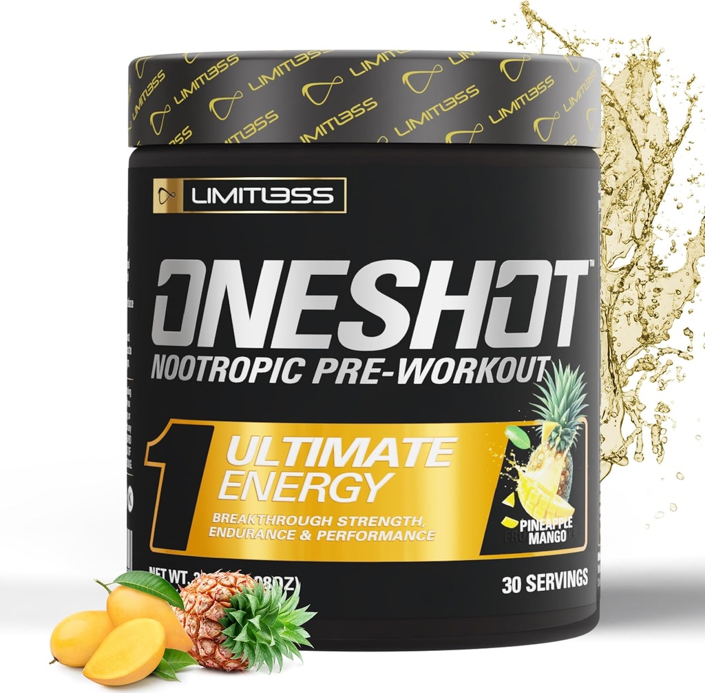 ONESHOT Pre Workout Powder for Men and Women - BCAAS Amino Acids Supplement Powder, 200mg Cafeïne, Beta Alanine Powder, Citrulline Malate Preworkout Powder - Ananas Mango - 30 porties