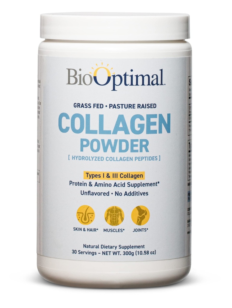 Poudre de peptides de collagène biooptimal - Supplément de protéines hydrolysées alimentées à l'herbe, aux pâturages pour la peau, les cheveux et les ongles - Non-OGM, supplément quotidien de sucre zéro pour les hommes et les femmes (30 portions)