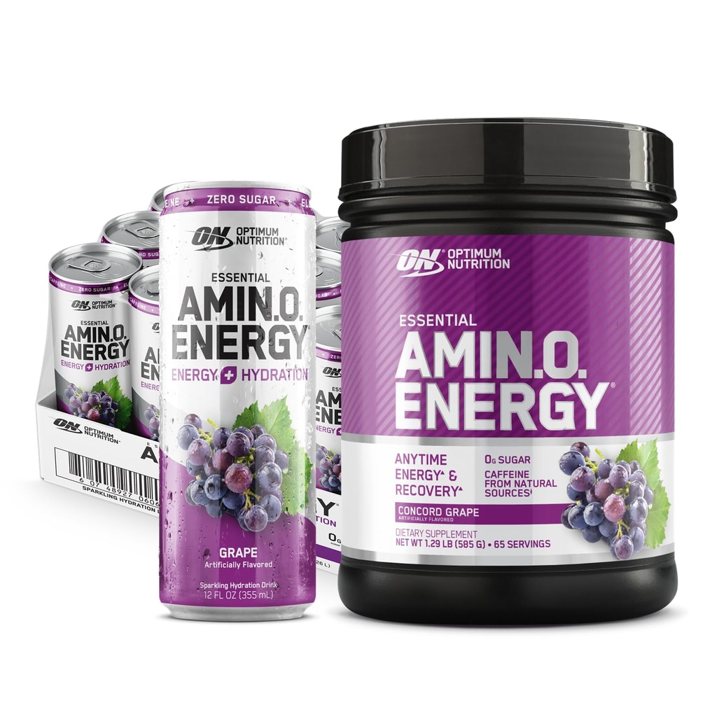 Optimum Nutrition Amino Energy Poudre: Concord Raisin (65 portions) avec Essential Amino Energy Plus Electrolys Sparkling Drink: Raisin (12 Canettes) - Pack d'emballage