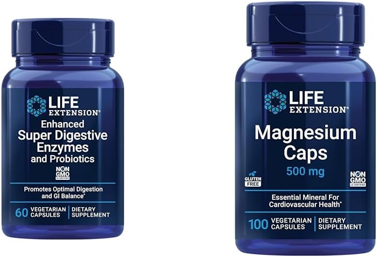 Life Extension 60 Vegetarian Capsules Enhanced Super Digestieve Enzymen & Probiotica en 100 Magnesium Capsules voor Hart, Bot, Metabolisme Ondersteuning