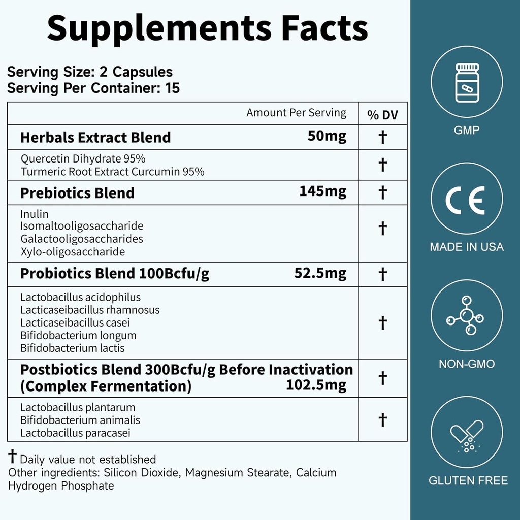 Probiotica Vrouwen Mannen Gut Health: Digestief Health Immune Support Bloating Relief Shelf Stable Strains 35B CFUs per Capsule Complex met Prebiotica Postbiotica Quercetine & Curcumine Dieetsupplement