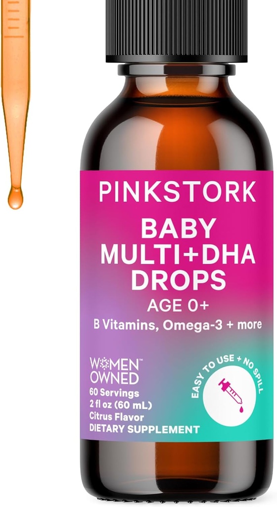 Roze Ooievaars baby vloeibare multivitamine druppels, baby & peuter vitamine druppels met DHA, vitamine C, D, B12 en Choline ter ondersteuning van hersenen gezondheid en immuunfunctie - 2 fl oz, 2 maand levering