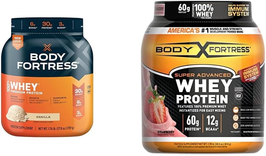 Body Fortress 100% Wei, Premium Proteïne Poeder, Vanille, 1.74lbs (Verpakking mei Vary) & 100% Wei, Premium Proteïne Poeder, Aardbei, 1.78lbs (Verpakking mei Vary)