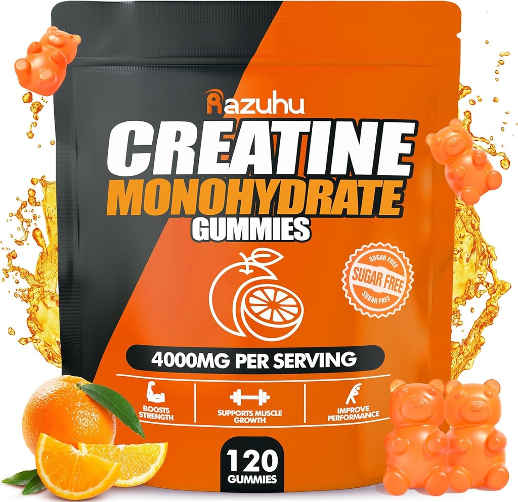Creatine Monohydraat Gummies for Men & Women, 4g Creatine Monohydraat per portie voor maximale kracht, prestaties, suikervrij, veganistisch, pre-workout supplement(120 Telling)-oranje