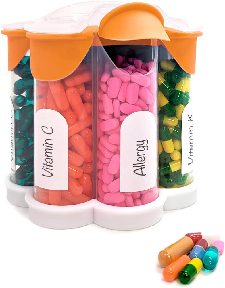Extra grote pil Organizer dagelijks, wekelijks, maandelijkse supplement fles, schattige Blossom pil Dispenser met 7 XL Compartments, Easy-Open pil Box voor vitamines, medicijnen, etiketten inbegrepen (oranje)