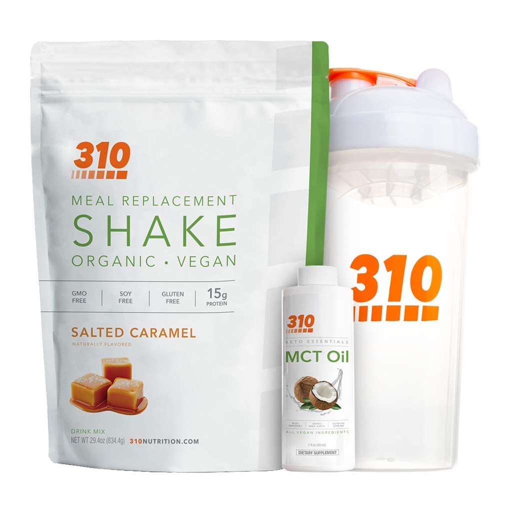 Vegan Organic Plant Protein Powder and Meal Replacement Shake With Shaker Cup and 2 Oz MCT Oil - By 310 Nutrition - Gluten, Zuivel en Sojavrij - 0g van suiker Keto en Paleo Friendly (Salted Caramel)
