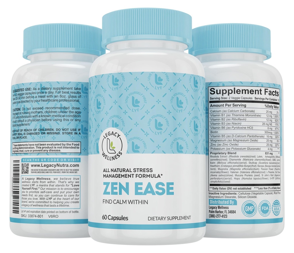 Legacy Wellness Zen Ease Calm Mind Supplement - Formule Vegan Naturelle - 5-HTP, Ashwagandha, St. John's Wort, L-Theanine, Magnésium, B-Vitamines - Capsules pour promouvoir une bonne sensation de paix