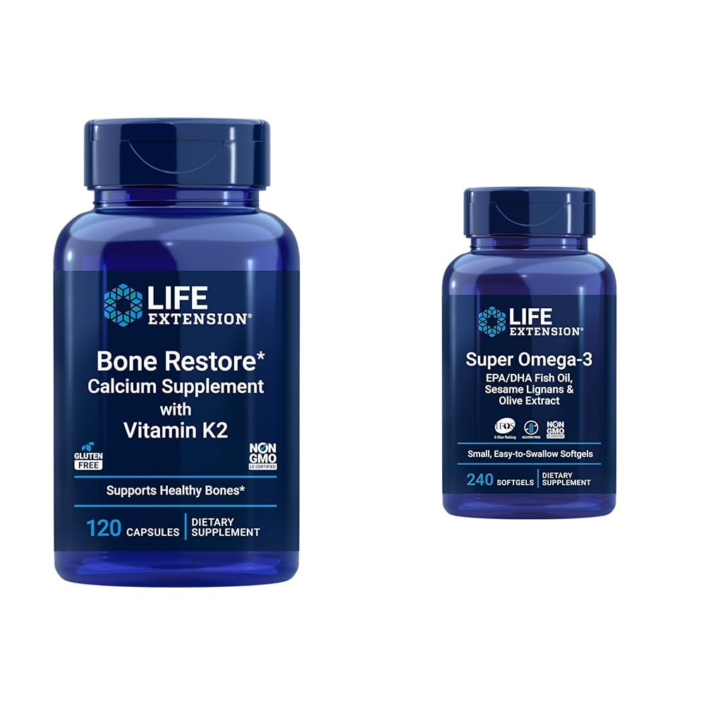 Levensverlengstuk Bone Restore + Vitamine K2 Vitaminen en Mineralen Onderhoud Bone Health & Strength & Super Omega-3 EPA/DHA Visolie, Sesam Lignans & Olive Extract