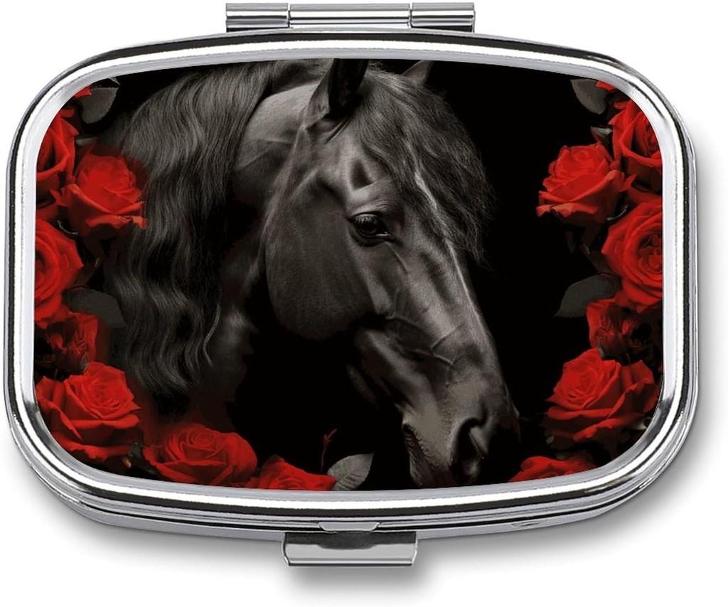 Black Horse op een achtergrond van rode rozen pil Box 2 Compartiment Portable Pill Case Daily Square pil Organizer voor Pocket Purse dagelijkse geneeskunde Container om vitamines Visolie reizen Gifts