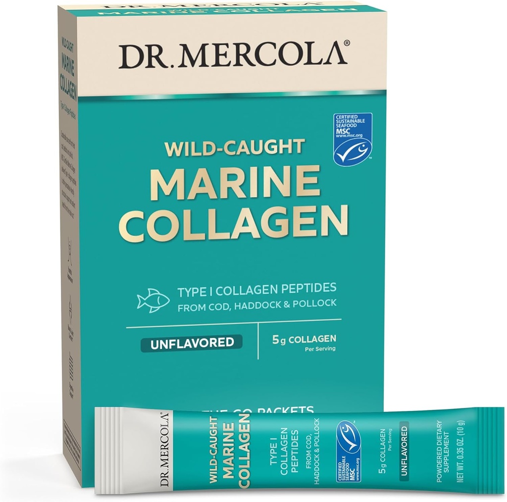 Dr. Mercola Marine Collageen Powder Packets, 5g Collageen Per Serving, 15 Servings (15 on-The-go Packets), Powdered Dietary Supplement, Unflavored, Type 1 Collageen Peptiden van kabeljauw, Haddock & Pollock