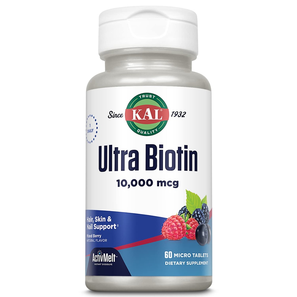 KAL Ultra Biotin 10000mcg ActivMelt, Hair Growth Supplement, High Potency Vitamine B7 voor gezond haar, huid, nagels en energie ondersteuning, vegetarisch, natuurlijke gemengde Berry smaak, 60 Serv, 60 Micro Tablets