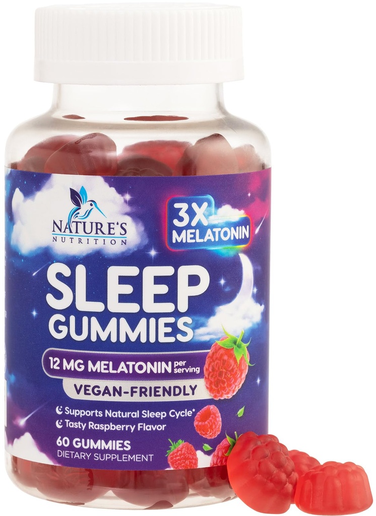 Slaap Gummies voor volwassenen Extra sterkte - 12 mg Melatonine Slaap Gummy Supplement, Melatonine Gummy voor Occasional Slaap Ondersteuning Supplement, Veganistisch, Non-GMO, Glutenvrij, Gomitas para Dormir, 60 Gummies
