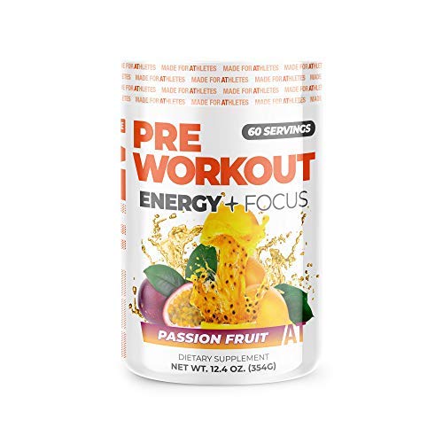 Au sujet du temps avant l'entraînement Énergie + Focus, Fruits de la passion 60mg Caféine de thé vert, saveurs naturelles, pas de jitters ou de crashes, pas de stim, sans gluten, sans sucre, 60 portions