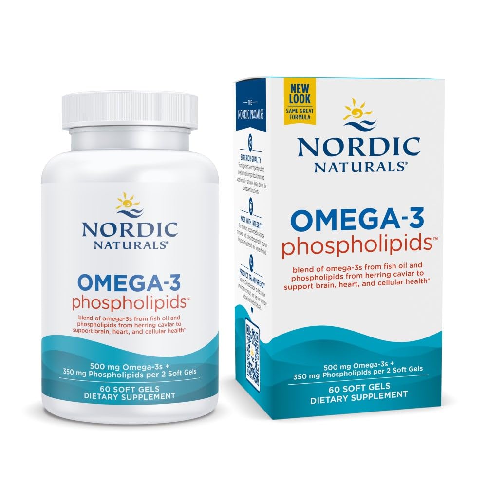Nordic Naturals Omega-3 Fosfolipiden, Unflavored - 60 Zachte Gels - 500 mg Omega-3 & 350 mg Fosfolipiden - Heart & Brain Health - Small, Easy-to Swallow Soft Gels - Non-GMO - 30 Servings