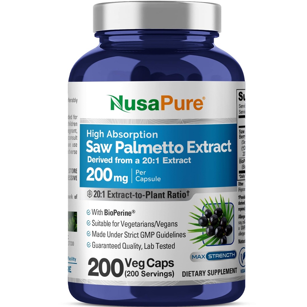 NusaPure Saw Palmetto 20:1 Extract, 200 mg Equivalent aan 4.000 mg per Veggie Caps 200 Graaf Non-GMO, Vegan, Vegetarisch, Bioperine