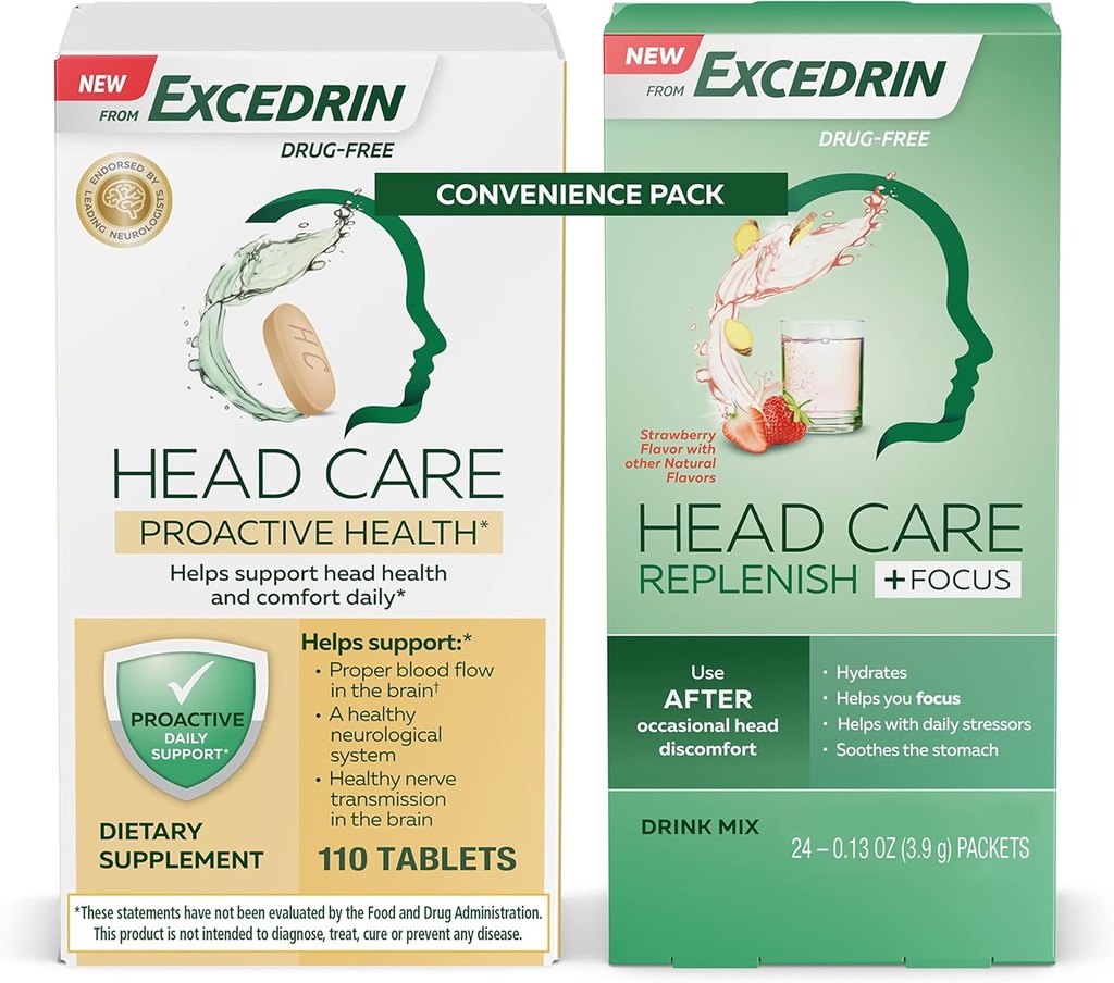 Excedrin Head Care Proactive Health Dietary Supplement - 110 Tel en Hoofdzorg Replenish Plus Focus Drink Mix van 24 Packets Convenience Pack