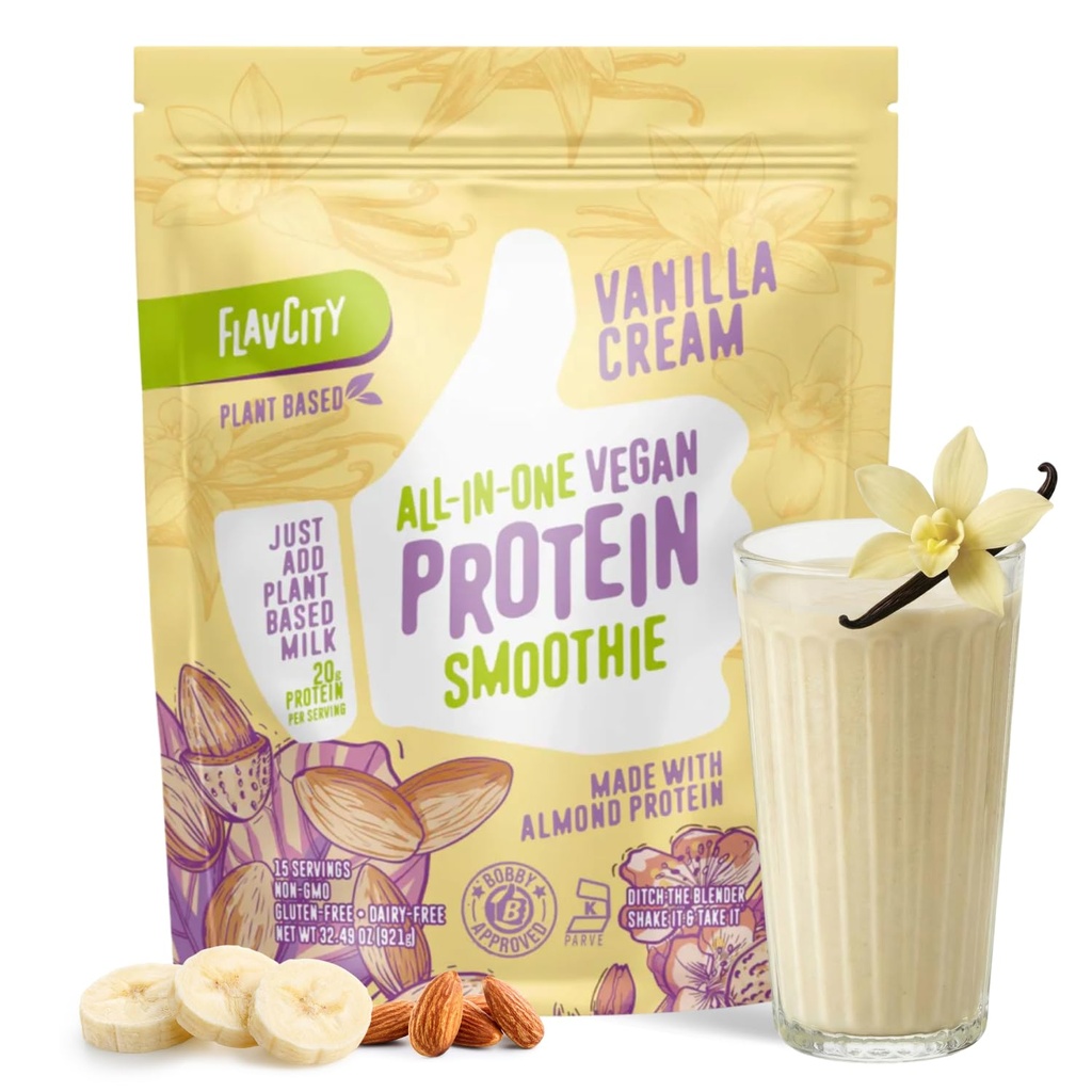 FlavCity All-in-One Vegan Protein Powder Smoothie, Vanille - Plant-Based Pre-Workout Maaltijd Vervangingsshake voor vrouwen en mannen Gemaakt met 20 g Amandeleiwit - Glutenvrij & Dairy-Free