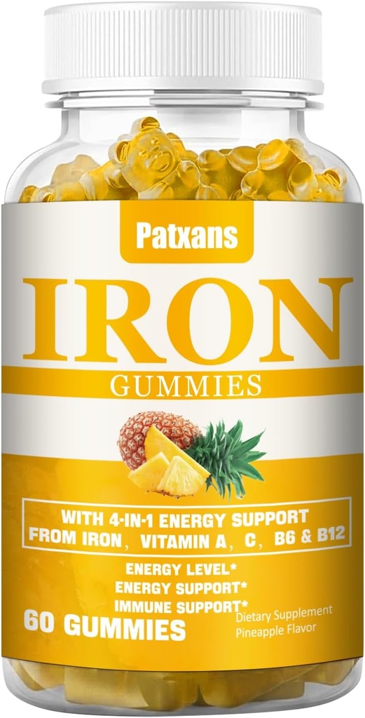 1 Pack 100MG Iron Supplement Gummies for Women & Men - with Vitamin A, C, B - Energy Support for Iron Deficency, Anemia, Adults & Children, Ananas Flavor Gummy, 60ct.
