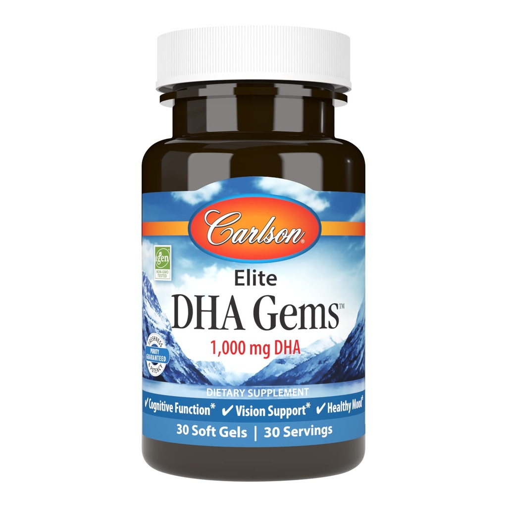 Carlson - Elite DHA Gems, 1000 mg DHA, soutient la fonction et la vision du cerveau sain, 30 gels mous