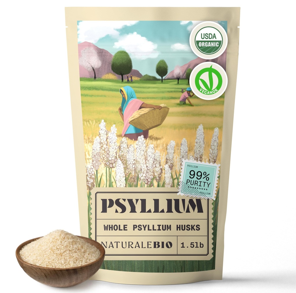 NaturaleBio Whole Psyllium Husk. 1,5lbs. 99% Pure Psyllium Seed Husks. Natuurlijke vezelsupplement. USDA Organic Certified. Geproduceerd in India. Glutenvrij, Keto, Paleo, Vegan dieet. Probiotica
