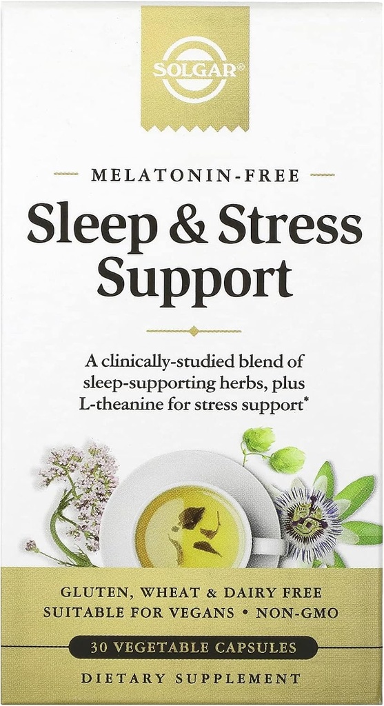 Solgar Slaap & Stress Ondersteuning, Plantaardige Capsules, Melatonine Gratis, Helpt Relax, Kalm U, Val Slaap Snel, Verbeter Slaapkwaliteit met Valeriaan, Passiebloem, Hop, Niet-GMO, 15 Serven, 30 Tellen