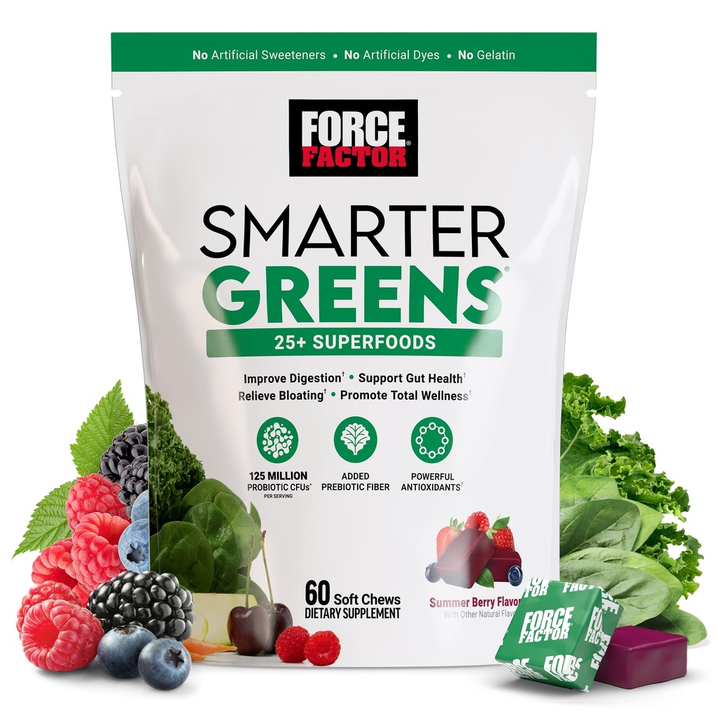 FACTEUR DE FORCE Plus intelligent Greens Superfood Chews, Greens et Superfoods avec Probiotiques, Antioxydants et Fibre, Supplément Greens pour soutenir la digestion, l'oxyde nitrique et l'énergie, 60 Chews doux