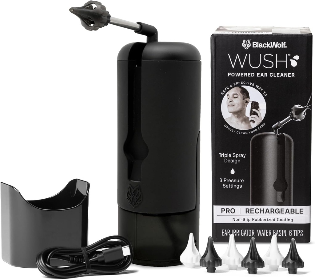 Wush Pro door zwarte Wolf- Deluxe water aangedreven oorreiniger- Veilig en effectief- Elektrische Triple Jet Stream 3 drukinstellingen voor oor Wax Buildup- oor Wax Verwijdering Kit- Waterbestendig USB oplaadbaar
