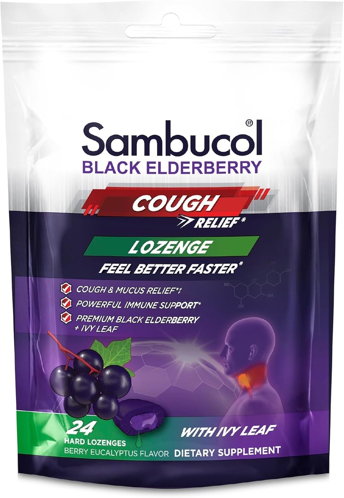 Sambucol Black Vlierberry Cough Relief Lozenges - Cough Drops voor volwassenen, Sambucus Elderberry Lozenges, met Ivy Leaf, Cough & Mucus Relief, Immune Support, Berry Eucalyptus - 24 Tellen, 3 Pack