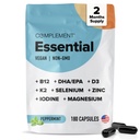 Complement Essential Vegan Multivitamine for Men & Women (60 Servings, 180 Capsules) with Omega-3 DHA & EPA, B12, Vitamine D3 & K2, Zink, Selenium, Magnesium, Jodium - Ondersteuning Immunity & Algehele gezondheid