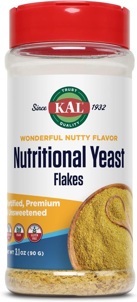 KAL Voedingsgistvlokken, verrijkt met B12, foliumzuur en andere B-vitaminen, ongezoete, grote notensmaak, veganistisch en glutenvrij, 60 dagen geld terug garantie, gemaakt in de VS, 20 porties, 3.1oz