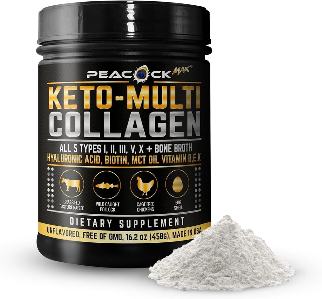Keto Multi Collageen Peptides 16,2 oz - Bone Broth Protein Powder, met 5 Types Gehydrolyseerde Collageen, MCT Oil & Biotin voor de huid, gewrichten, haar & Nails, ongearomatiseerde collageen poeder