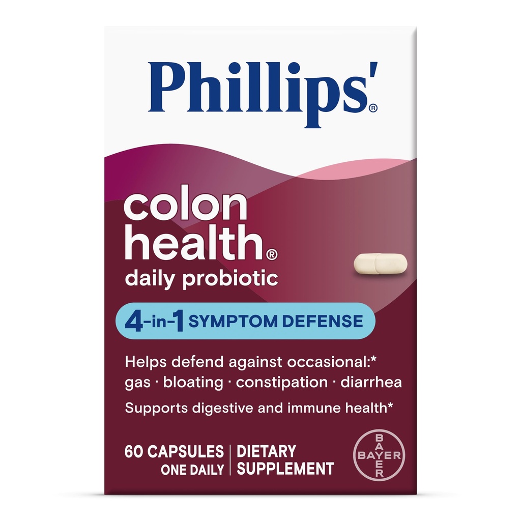 Phillips' Colon Health Daily Probiotic Capsules, 4-in-1 Symptoom verdediging te helpen verdedigen tegen Occasional Gas, Bloating, Constipatie, en diarree, Dagelijkse Supplement, 60 Tellen
