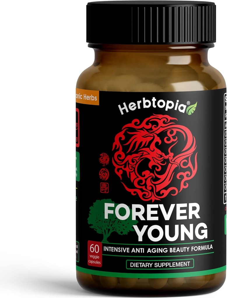 Forever Young Longevity Supplement for Immunity, Anti Gray Hair, Telomere Verlengen & Happy Mood w/Ginseng, Astragalus, Lions Mane, Reishi Mushroom, Codonopsis Biologische - 60 Caps