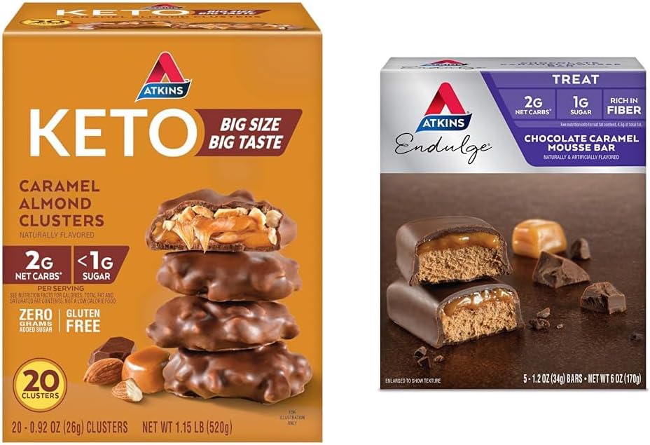 Atkins Caramel Amand Clusters, sans gluten, haute en fibre, 1g de sucre, 2g de carbure net, Keto Friendly, 20 Count & Endulge chocolat Caramel Mousse Bar, Dessert préféré, 1g de sucre, haute en fibre, 5 Count