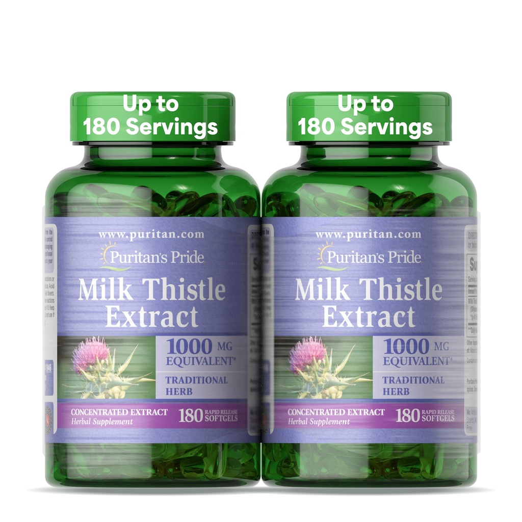 Puritan's Pride Milk Thistle Silymarin 4:1 Concentratie Extract 200mg (1000 Mg Equivalent) Dieetsupplement voor leverondersteuning, 6 maanden Levering, 180 Tel 2-Pack