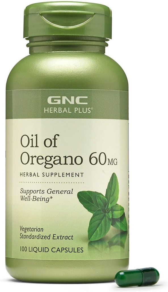 GNC Herbal Plus olie van Oregano 60 mg supplement, vegetarisch, ondersteunt algemeen welzijn, 100 porties