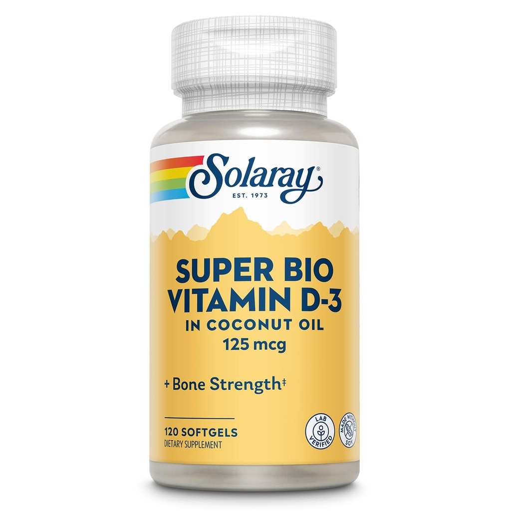 SOLARAY Super Bio Vitamin D3 in Kokosolie - D3 Vitamine 5000 IE - Bone Health and Immune Support Supplement - Lab Geverifieerd, Made Wtihout Soy, 60-dag garantie - 120 Softgels, 120 porties