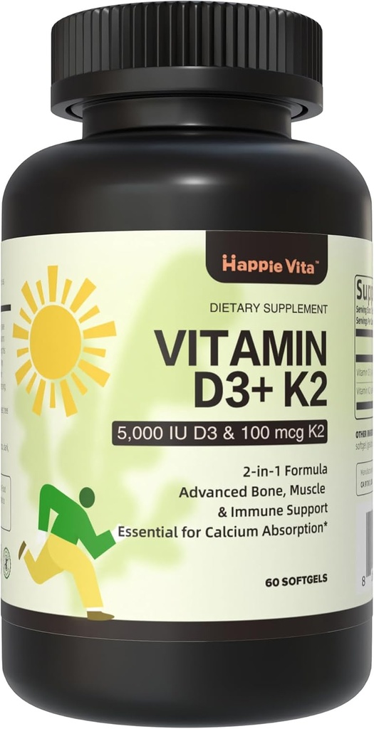 Vitamine D3 K2, Vitamine D3 5000 IE (125 mcg) + Vitamine K2 100 mcg, 2 in 1 D3 en K2 Supplementen voor Bone, Tanden, Spier en Immune Health Support, 60 Softgels