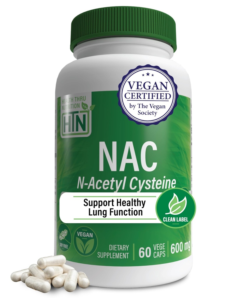 Santé Thru Nutrition NAC N-acétyl-Cysteine 600mg 60 Capsules Certifié végétalien Le supplément NAC le plus pur soutient la santé du poumon, du foie et de la santé cellulaire