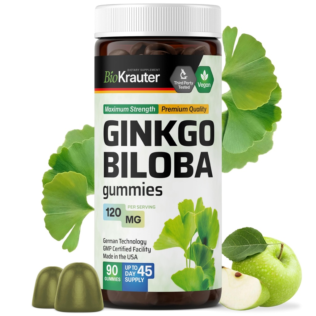 BIO KRAUTER Ginkgo Biloba Gummies - 90 Végétaux Chews - Suppléments Ginkgo Biloba pour le soutien du cerveau - 120 mg Extrait normalisé - Formule à base de pectines