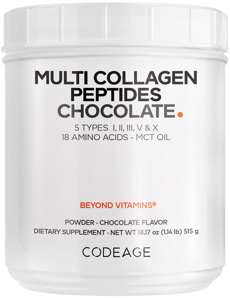 Codeage Multi Collageen Chocolade Proteïne Poeder - Gehydrolyseerd Bovine Collageen Peptiden, 5 Collageen Types & MCT Olie - Collageen Creamer, Chocolade Collageen Peptides - Proteïne Shakes - Non-GMO - 18,17 oz