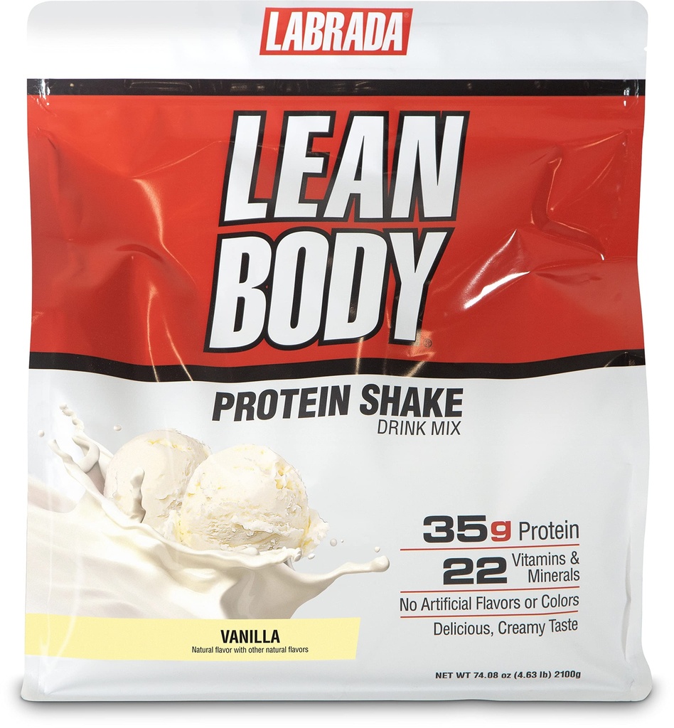 Lean Body All-in-One Vanille Proteïne Shake. 35g Proteïne, Wei Blend, 7g Gezonde Vetten & Vezel, 22 Vitaminen en Mineralen, Geen Kunstmatige Kleuren, Glutenvrij, (4.6lb) Verpakking mei Vary